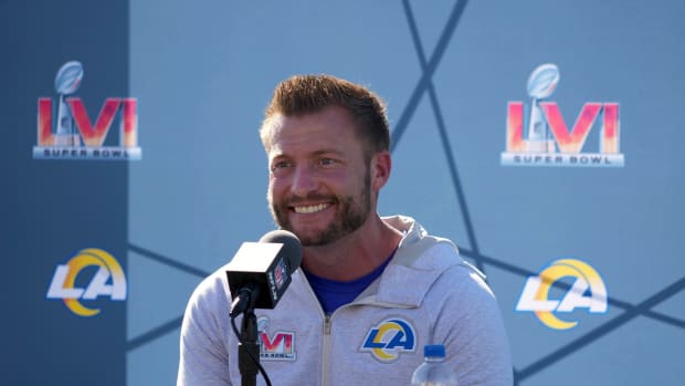 Feb 11, 2022; Thousand Oaks, CA, USA; Los Angeles Rams coach Sean McVay during press conference at Cal Lutheran University. Mandatory Credit: Kirby Lee-USA TODAY Sports